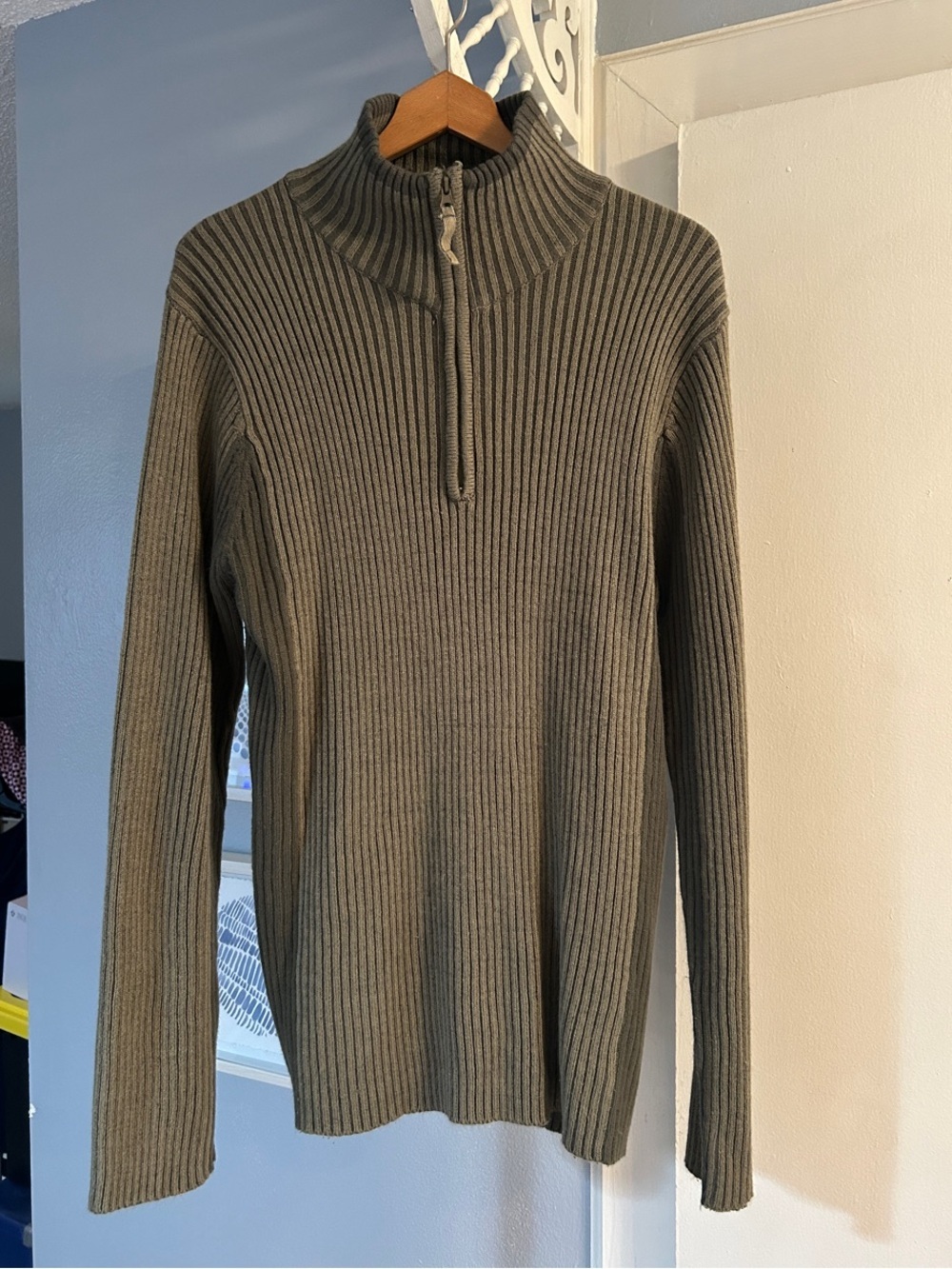 Carbon Mens Size XXL Two Tone Olive Ribbed Quarter Zip Mock Neck Sweater